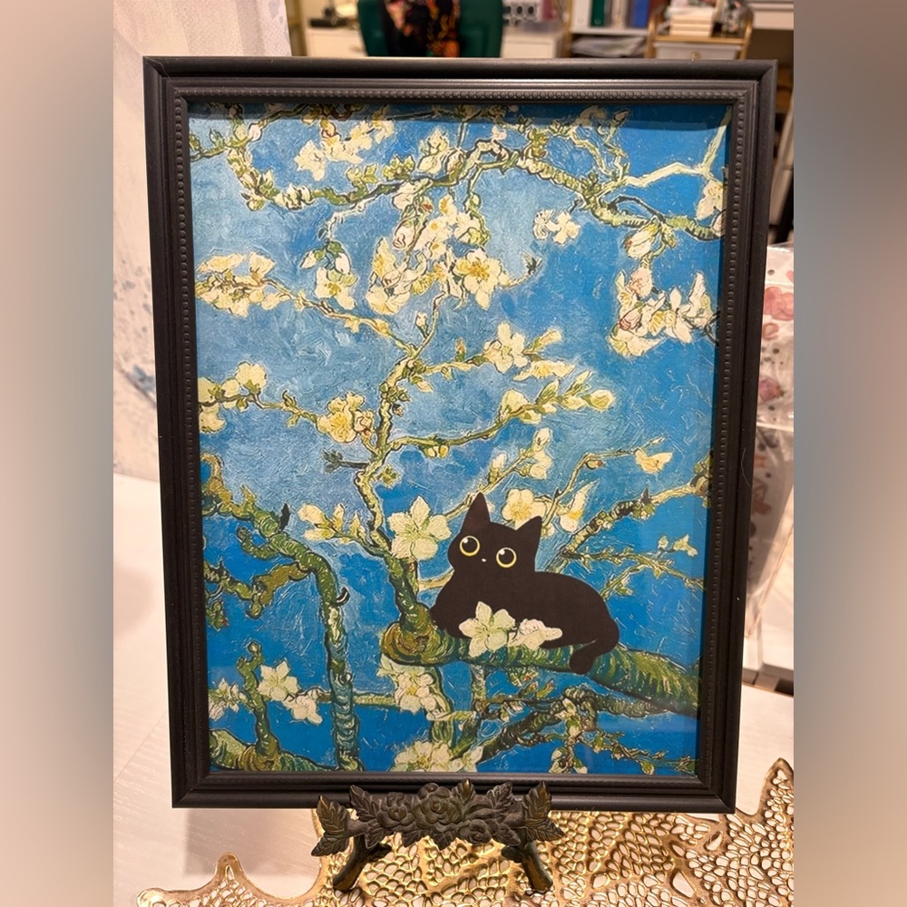Framed 8x10 cat art print Van Gogh style